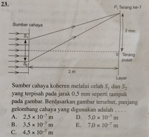 P_1 Terang ke-1
Sumber cahaya
2 mm
S_1
o Terang
pusat
S_2
2 m
Layar
Sumber cahaya koheren melalui celah S_1 dan S_2
yang terpisah pada jarak 0,5 mm seperti tampak
pada gambar. Berdasarkan gambar tersebut, panjang
gelombang cahaya yang digunakan adalah . . . .
A. 2,5* 10^(-7)m D. 5,0* 10^(-7)m
B. 3,5* 10^(-7)m E. 7,0* 10^(-7)m
C. 4,5* 10^(-7)m