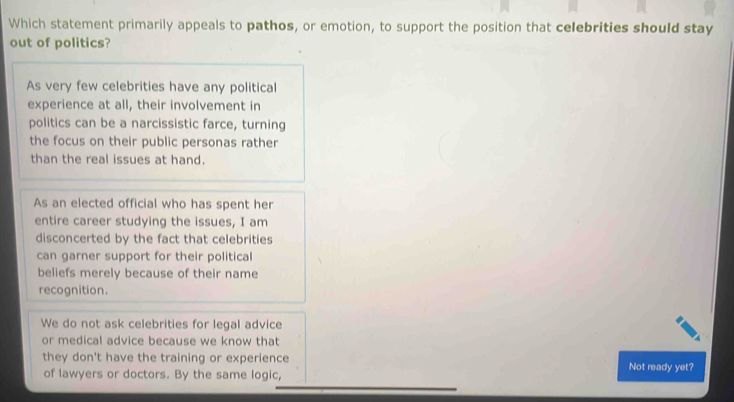 Solved: Which statement primarily appeals to pathos, or emotion, to ...
