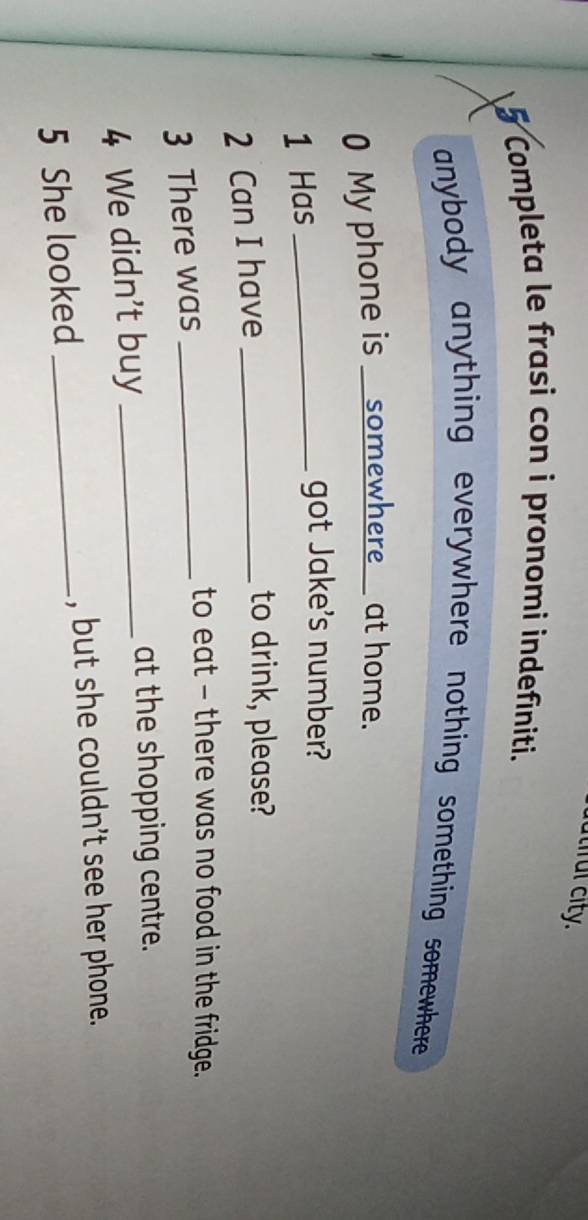 iutifal city. 
5 Completa le frasi con i pronomi indefiniti. 
anybody anything everywhere nothing something somewhere . 
0 My phone is __somewhere_ at home. 
1 Has_ 
got Jake's number? 
2 Can I have_ 
to drink, please? 
3 There was_ 
to eat - there was no food in the fridge. 
4 We didn't buy_ 
at the shopping centre. 
5 She looked _, but she couldn’t see her phone.