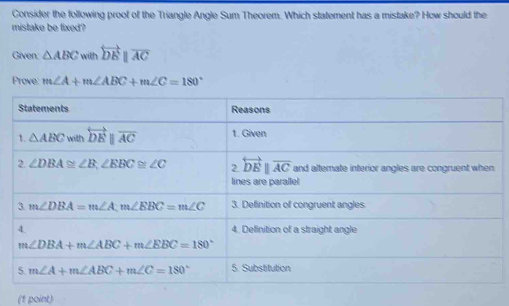 Consider the following proof of the Triangle Angle Sum Theorem. Which statement has a mistake? How should the
mistake be fixed?
Given: △ ABC with overleftrightarrow DEparallel overline AC
Prove: m∠ A+m∠ ABC+m∠ C=180°
(1 point)