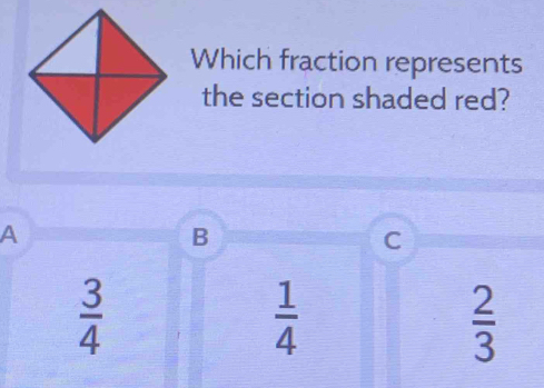 Which fraction represents
the section shaded red?
A
B
C
 3/4 
 1/4 
 2/3 