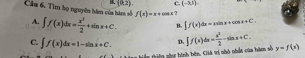 B. (0;2). C. (-3;1). 
Câu 6. Tìm họ nguyên hàm của hàm số f(x)=x+cos x ？
A. ∈t f(x)dx= x^2/2 +sin x+C.
B. ∈t f(x)dx=xsin x+cos x+C.
C. ∈t f(x)dx=1-sin x+C.
D. ∈t f(x)dx= x^2/2 -sin x+C. 
1 hiến thiên như hình bên. Giá trị nhỏ nhất của hàm số y=f(x)