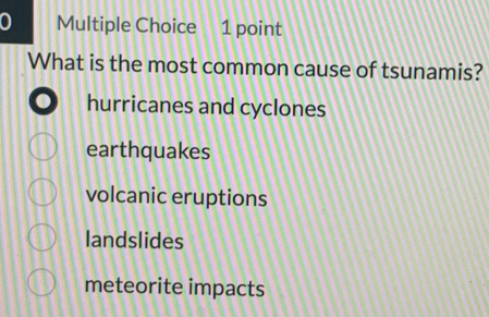 What is the most common cause of tsunamis?
. hurricanes and cyclones
earthquakes
volcanic eruptions
landslides
meteorite impacts