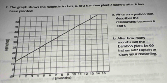 The graph shows the height in inches, /, of a bamboo plant / months after it has 
been planted. 
te an equation that 
cribes the 
ationship between / 
d t. 
ter how many 
onths will the 
mboo plant be 66
ches tall? Explain or 
how your reasoning.