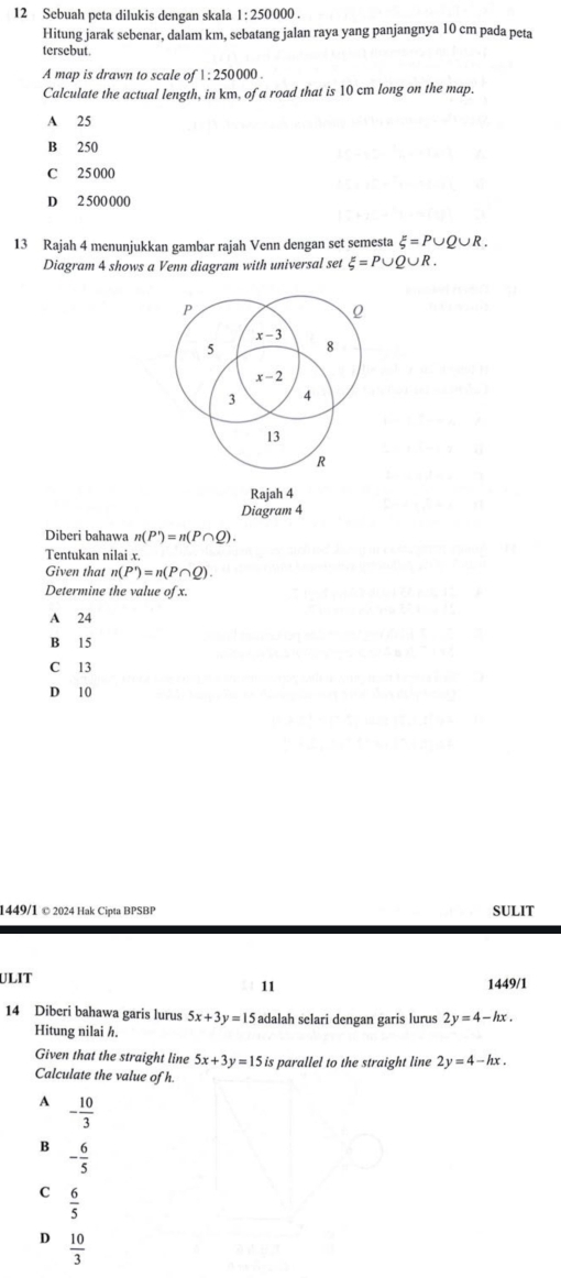 Sebuah peta dilukis dengan skala 1:250000. 
Hitung jarak sebenar, dalam km, sebatang jalan raya yang panjangnya 10 cm pada peta
tersebut
A map is drawn to scale of 1:250000
Calculate the actual length, in km, of a road that is 10 cm long on the map.
A 25
B 250
C 25 000
D 2 500 000
13 Rajah 4 menunjukkan gambar rajah Venn dengan set semesta xi =P∪ Q∪ R. 
Diagram 4 shows a Venn diagram with universal set xi =P∪ Q∪ R.
P
0
x-3
8
x-2
3 4
13
R
Rajah 4
Diagram 4
Diberi bahawa n(P')=n(P∩ Q). 
Tentukan nilai x.
Given that n(P')=n(P∩ Q). 
Determine the value of x.
A 24
B 15
C 13
D 10
1449/1 © 2024 Hak Cipta BPSBP SULIT
ULIT
11 1449/1
14 Diberi bahawa garis lurus 5x+3y=15 adalah selari dengan garis lurus 2y=4-hx. 
Hitung nilai h.
Given that the straight line 5x+3y=15 is parallel to the straight line 2y=4-hx. 
Calculate the value of h.
A - 10/3 
B - 6/5 
C  6/5 
D  10/3 