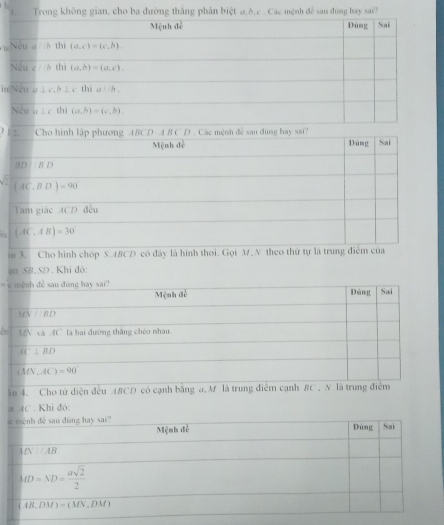 Trong không gian, cho ba đường thắng phân biệt a,ò.c . Các mệnh đề sau đùng bay sai?
 
in
2.  Cho hình lập phương ABCD - A B C D . Các mệnh đề sau dùng hay sai? Dúng Sai
Mệnh đề
BDparallel BD
(AC,BD)=90°
Tam giác ACD đều
(AC,AB)=30
in 3. Cho hình chóp S. ABCD có dây là hình thoi. Gọi M N theo thứ tự là trung điểm của
an SB. SD . Khi đó:
 
ău 4. Cho từ diện đều ABCD có cạnh băng a. M là trung điểm cạnh BC . 
a (C . Khi đó: