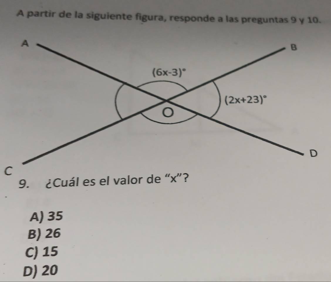 A partir de la siguiente figura, responde a las preguntas 9 γ 10.
A) 35
B) 26
C) 15
D) 20