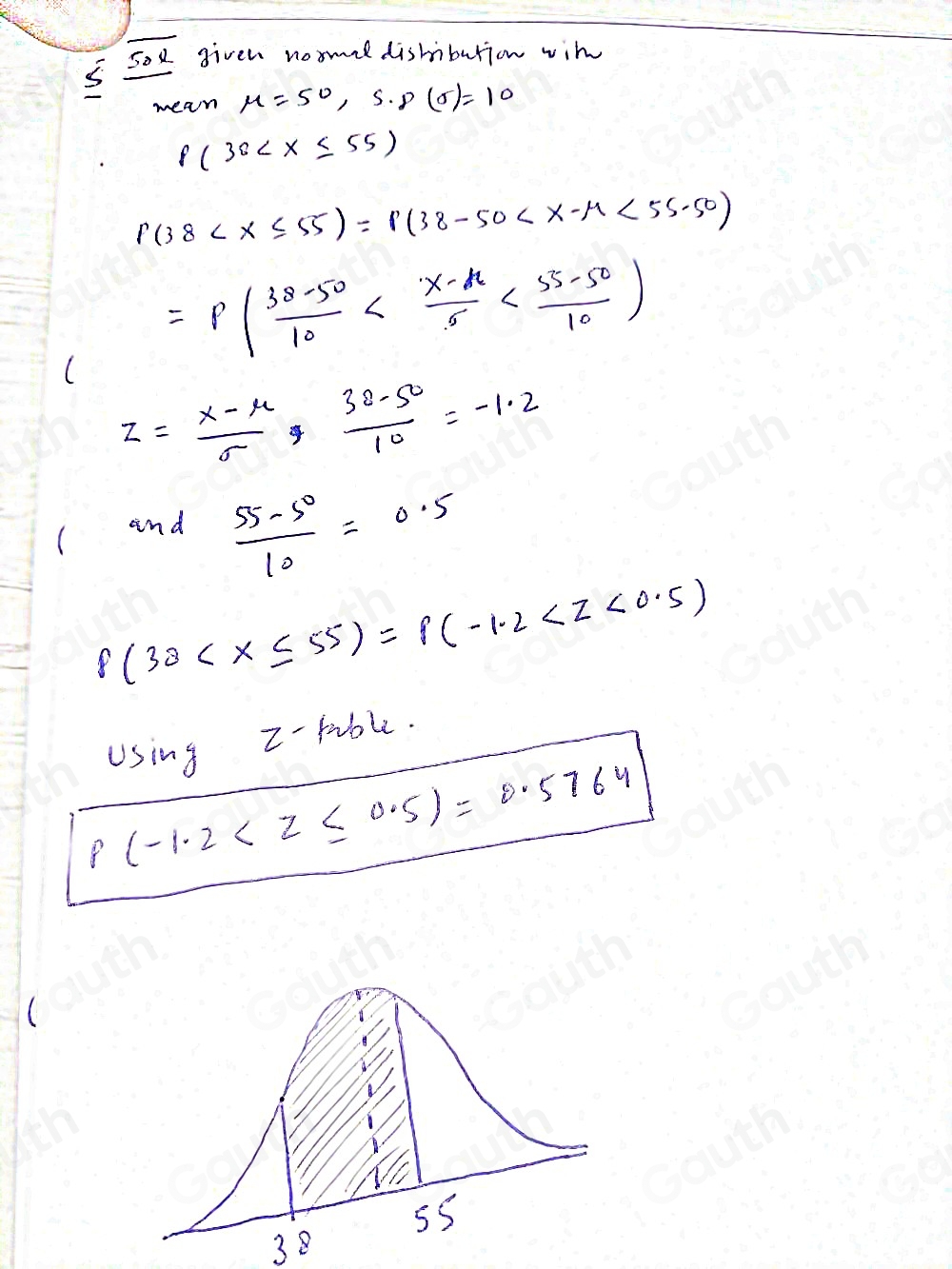 5 so8 given normel dishibution wil 
mean mu =50,5.8(sigma )=10
P(30
p(38 <55-50)
=p( (38-50)/10 
z= (x-mu )/sigma  ,  (38-50)/10 =-1.2
(and  (55-50)/10 =0.5
8(38
Using z -hbl.
P(-1.2
38