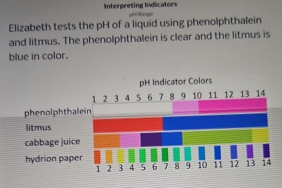 Interpreting Indicators
pH Range
Elizabeth tests the pH of a liquid using phenolphthalein
and litmus. The phenolphthalein is clear and the litmus is
blue in color.
pH Indicator Colors
phenolphthal
litmus
cabbage juice
hydrion pape