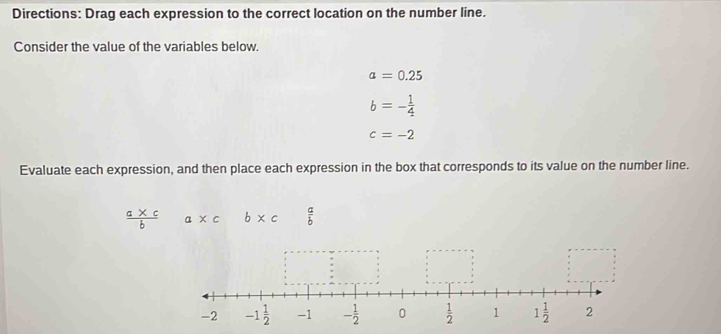 Directions: Drag each expression to the correct location on the number line.
Consider the value of the variables below.
a=0.25
b=- 1/4 
c=-2
Evaluate each expression, and then place each expression in the box that corresponds to its value on the number line.
 (a* c)/b  a* c b* c a/b 