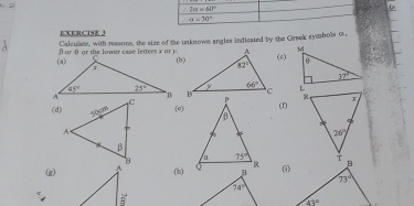 ∴ 2m=40°
∴ a=30°
EXERCISE 
B ar θ or the lower case letters x or y Calculate, with reesons, the size of the unknown angles indicated by the Greek symbols o,
(6)
 
(d)(e)(f)
(g) 
(an