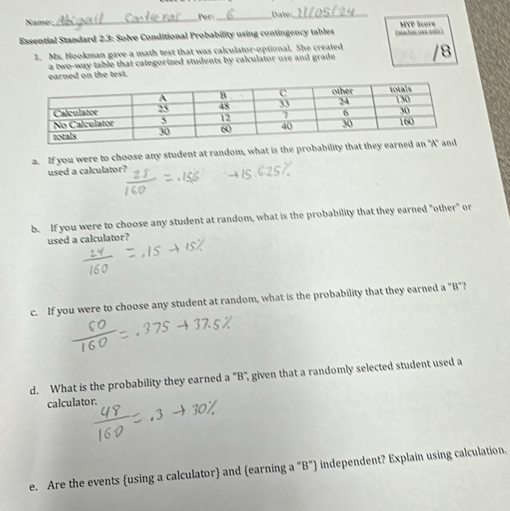 Per: 
Name:_ _Date:_ 
MYP Score 
Essential Standard 2.3: Solve Conditional Probability using contingency tables (teacher use only) 
1. Ms. Hookman gave a math test that was calculator-optional. She created 
a two-way table that categorized students by calculator use and grade 
/8 
earned on the test. 
a. If you were to choose any student at random, what is the probability tha 
used a calculator? 
b. If you were to choose any student at random, what is the probability that they earned "other" or 
used a calculator? 
c. If you were to choose any student at random, what is the probability that they earned a “B”? 
d. What is the probability they earned a “B”, given that a randomly selected student used a 
calculator. 
e. Are the events using a calculator and earning a “B” independent? Explain using calculation.