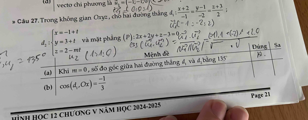 vectơ chỉ phương là vector u_3=(-1;-1;0)
Câu 27. Trong không gian Oxyz , cho hai đường thắng d_1: (x+2)/-1 = (y-1)/-2 = (z+3)/2 ;
ặt phẳng (P): 2x+2y+z-3=0
HìNH HOC 12 ChươNG V NăM HỌC 2024-2025