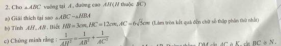 Cho △ ABC vuông tại A, đường cao AH(H thuộc BC) 
a) Giải thích tại sao _△ ABCsim _△ HBA
b) Tính AH, AB. Biết HB=3cm, HC=12cm, AC=6sqrt(5)cm (Làm tròn kết quả đến chữ số thập phân thứ nhất) 
c) Chứng minh rằng :  1/AH^2 = 1/AB^2 + 1/AC^2 
h ng DM cắt AC ở K, sắt BC ở N.