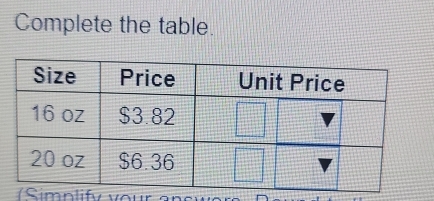 Complete the table. 
Simplify vour ansy