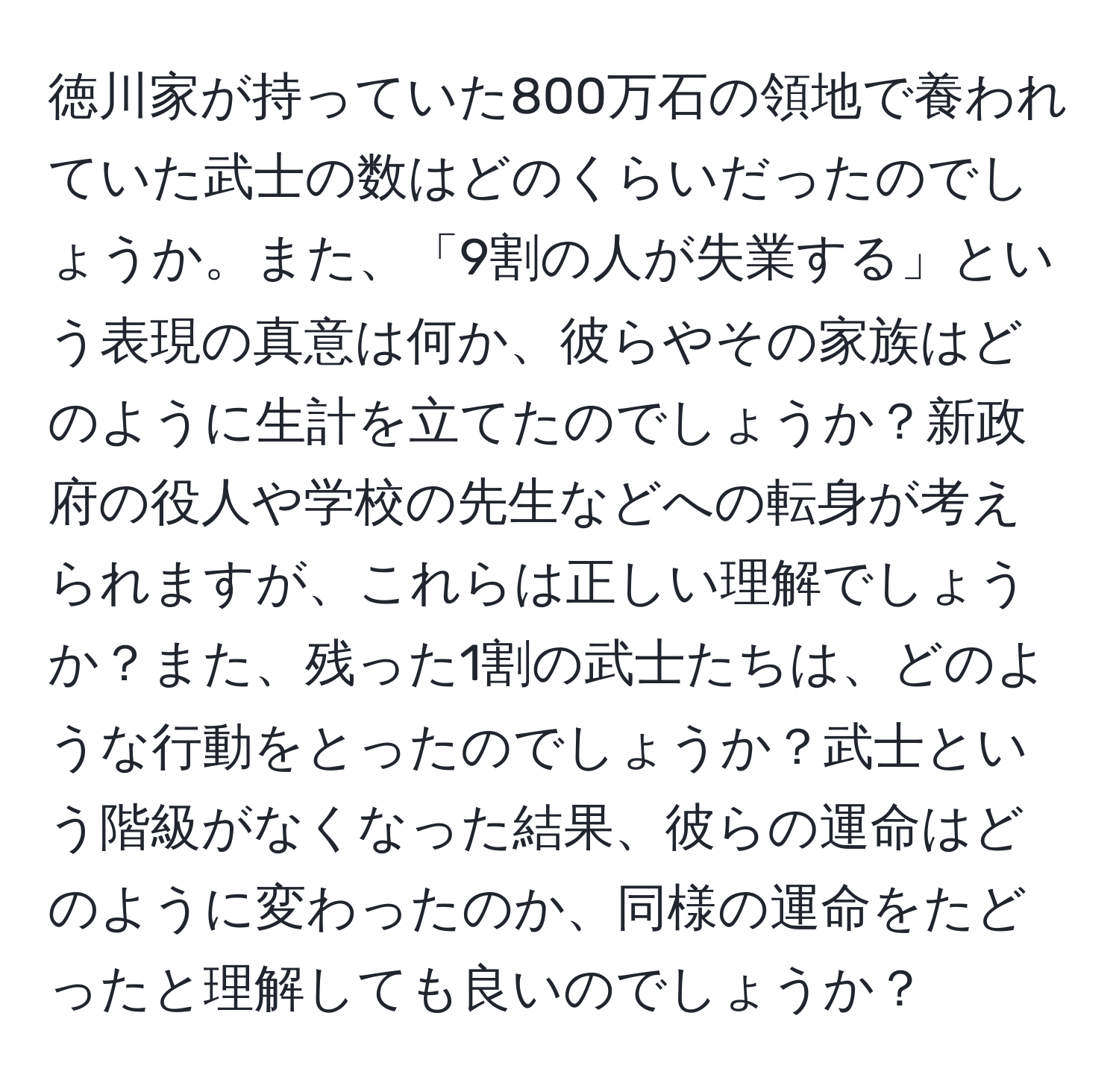 徳川家が持っていた800万石の領地で養われていた武士の数はどのくらいだったのでしょうか。また、「9割の人が失業する」という表現の真意は何か、彼らやその家族はどのように生計を立てたのでしょうか？新政府の役人や学校の先生などへの転身が考えられますが、これらは正しい理解でしょうか？また、残った1割の武士たちは、どのような行動をとったのでしょうか？武士という階級がなくなった結果、彼らの運命はどのように変わったのか、同様の運命をたどったと理解しても良いのでしょうか？