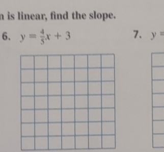 is linear, find the slope. 
6、 y= 4/5 x+3 7. y=