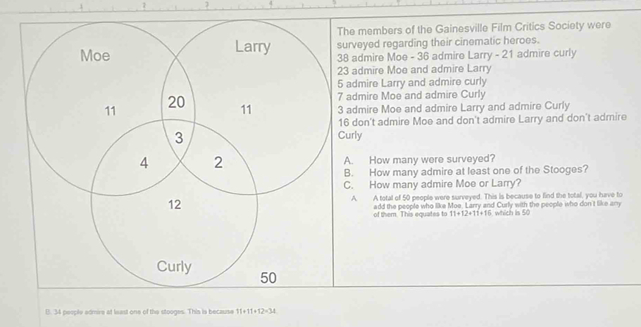 members of the Gainesville Film Critics Society were
veyed regarding their cinematic heroes.
admire Moe - 36 admire Larry - 21 admire curly
admire Moe and admire Larry
dmire Larry and admire curly
dmire Moe and admire Curly
dmire Moe and admire Larry and admire Curly
don’t admire Moe and don't admire Larry and don’t admire
ly
. How many were surveyed?
. How many admire at least one of the Stooges?
. How many admire Moe or Larry?
A A total of 50 people were surveyed. This is because to find the total, you have to
add the people who like Moe. Larry and Curly with the people who don't like any
of them. This equates to 11+12+11+16 5. which is 50
B. 34 people admire at least one of the stooges. This is because 11+11+12=34