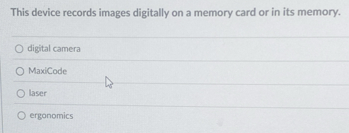 This device records images digitally on a memory card or in its memory.
digital camera
MaxiCode
laser
ergonomics