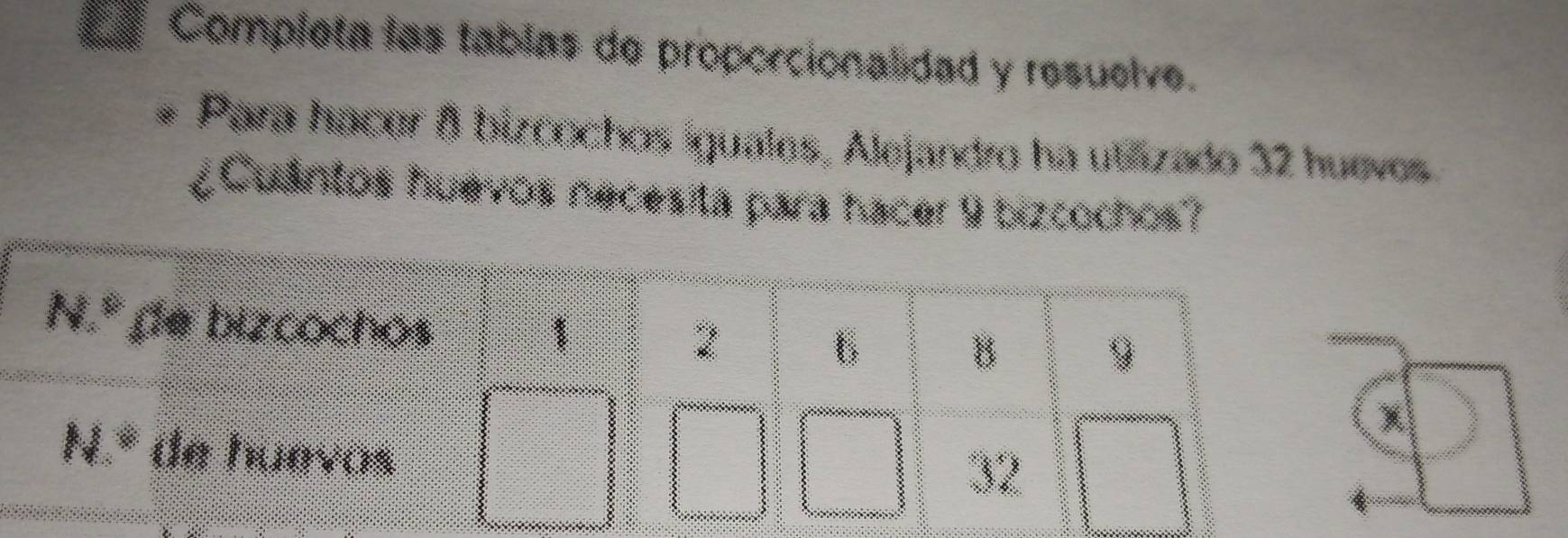 Completa las tablas de propercionalidad y resuelve. 
Para hacer δ bizcochos iguales, Alejandro ha utilizado 32 huevos 
¿Cuántos huevos necesita para hacer 9 bizcochos? 
N.º de bizcochos
1
2
b 
B
9
N.* de huevos
32