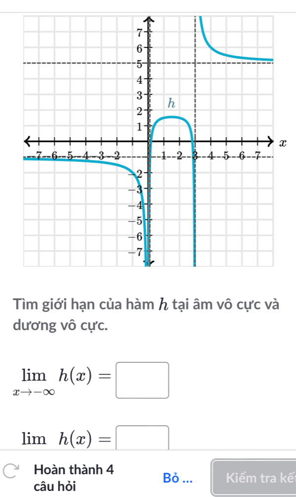 x
Tìm giới hạn của hàm h tại âm vô cực và 
dương vô cực.
limlimits _xto -∈fty h(x)=□
limh(x)=□
Hoàn thành 4 Bỏ ... Kiểm tra kế 
câu hỏi