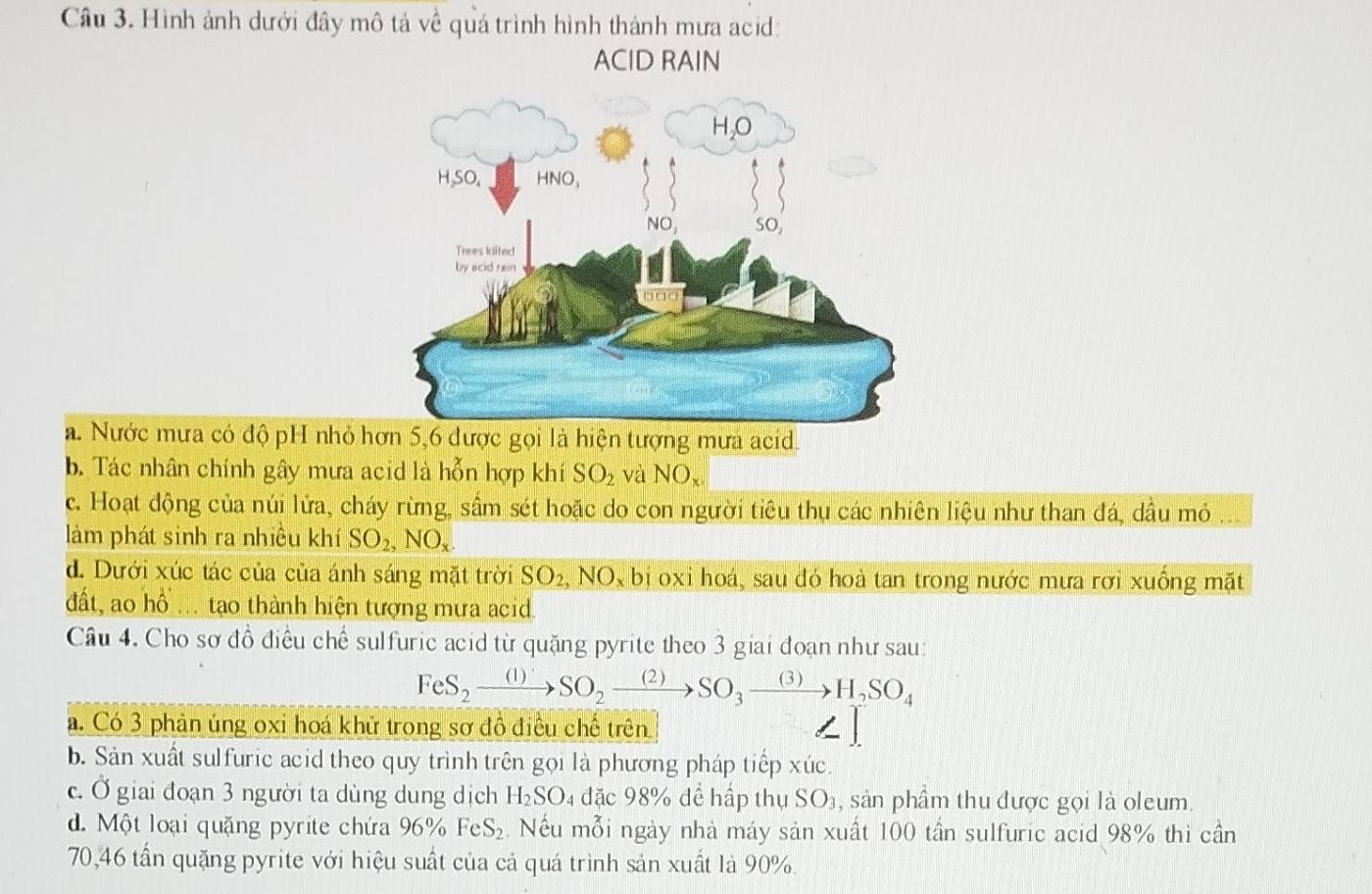 Cầu 3. Hình ảnh dưới đây mô tả về quá trình hình thành mưa acid:
ACID RAIN
a. Nước mưa có độ pH nhỏ hơn 5, 6 được gọi là hiện tượng mưa acid.
b. Tác nhân chính gây mưa acid là hỗn hợp khí SO_2 và NO_x
c. Hoạt động của núi lửa, cháy rừng, sầm sét hoặc do con người tiêu thụ các nhiên liệu như than đá, dầu mỏ
làm phát sinh ra nhiều khí SO_2, NO_x
d. Dưới xúc tác của của ánh sáng mặt trời SO_2, NO Ox bị oxi hoá, sau đó hoà tan trong nước mưa rơi xuống mặt
đất, ao hồ ... tạo thành hiện tượng mưa acid.
Câu 4. Cho sơ đồ điều chế sulfuric acid từ quặng pyrite theo 3 giai đoạn như sau:
FeS_2xrightarrow (1)^· SO_2xrightarrow (2)SO_3xrightarrow (3)H_2SO_4
a. Có 3 phản úng oxi hoá khử trong sơ đồ điều chế trên ∠
b. Sản xuất sulfuric acid theo quy trình trên gọi là phương pháp tiếp xúc.
c. Ở giai đoạn 3 người ta dùng dung dịch 1 H_2SO 4 đặc 98% để hấp thụ SO₃, sản phẩm thu được gọi là oleum.
d. Một loại quặng pyrite chứa 96% FeS₂. Nếu mỗi ngày nhà máy sản xuất 100 tần sulfuric acid 98% thì cần
70, 46 tần quặng pyrite với hiệu suất của cả quá trình sản xuất là 90%.