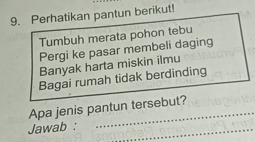 Perhatikan pantun berikut! 
Tumbuh merata pohon tebu 
Pergi ke pasar membeli daging 
Banyak harta miskin ilmu 
Bagai rumah tidak berdinding 
Apa jenis pantun tersebut? 
Jawab :_