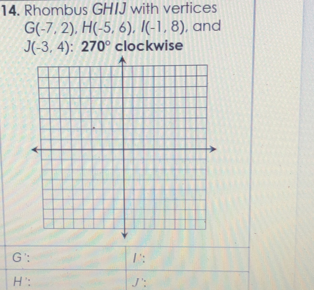 Rhombus GHIJ with vertices
G(-7,2), H(-5,6), I(-1,8) , and
J(-3,4):270° clockwise
G': Γ' : 
H': J' :