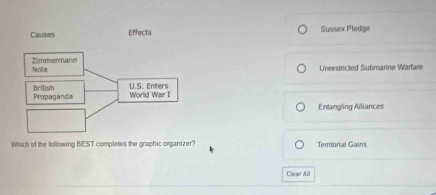 Sussex Pledge
Unrestricted Submarine Wartare
Entangling Alliances
Which of the following BEST completes the graphic organizer? Territorial Gains
Clear All