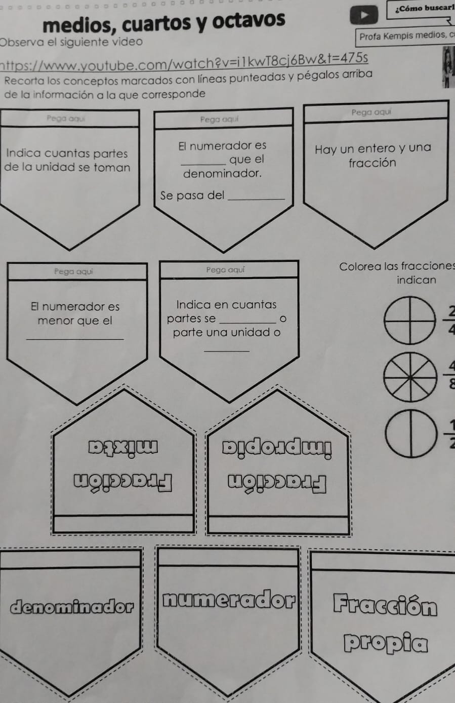 medios, cuartos y octavos ¿Cómo buscarl 
Observa el siguiente video Profa Kempis medios, c 
https://www.youtube.com/watch?v=i1kwT8cje 6Bw t=475s 
Recorta los conceptos marcados con líneas punteadas y pégalos arriba 
de la información a la que corresponde 
Pega aqui Pega aquí Pega aquí 
Indica cuantas partes El numerador es Hay un entero y una 
de la unidad se toman _que el fracción 
denominador. 
Se pasa del_ 
Pega aqui Pega aquí Colorea las fracciones 
indican 
El numerador es Indica en cuantas 
menor que el partes se _。 
2 
_ 
parte una unidad o 
_ 
Dąx!W bịdoidw!