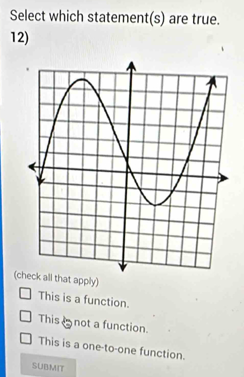 Select which statement(s) are true.
12)
(check all that apply)
This is a function.
This not a function.
This is a one-to-one function.
SUBMIT