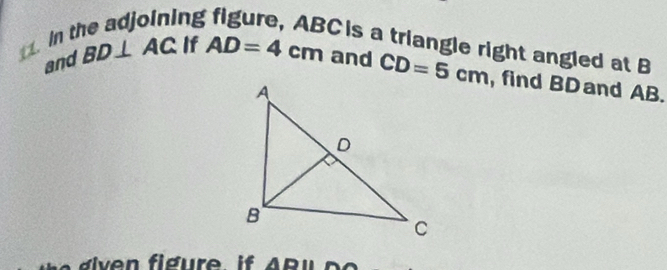 ing 
In t 
Cis a triangle right angled at B
and BD⊥ AC If AD=4cm and CD=5cm , find BD and AB.