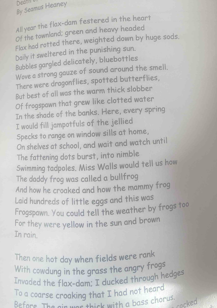 Solved: Death b By Seamus Heaney All year the flax-dam festered in the ...