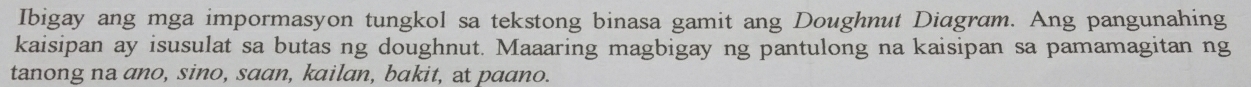 Ibigay ang mga impormasyon tungkol sa tekstong binasa gamit ang Doughnut Diagram. Ang pangunahing 
kaisipan ay isusulat sa butas ng doughnut. Maaaring magbigay ng pantulong na kaisipan sa pamamagitan ng 
tanong na ano, sino, saan, kailan, bakit, at paano.