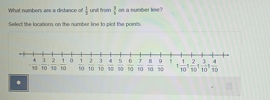 What numbers are a distance of  1/2  unit from  3/5  on a number line?
Select the locations on the number line to plot the points.