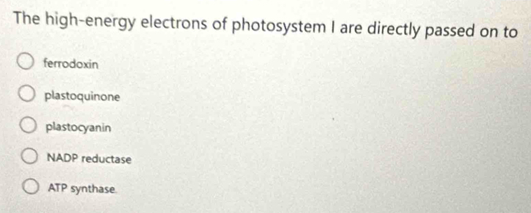 The high-energy electrons of photosystem I are directly passed on to
ferrodoxin
plastoquinone
plastocyanin
NADP reductase
ATP synthase