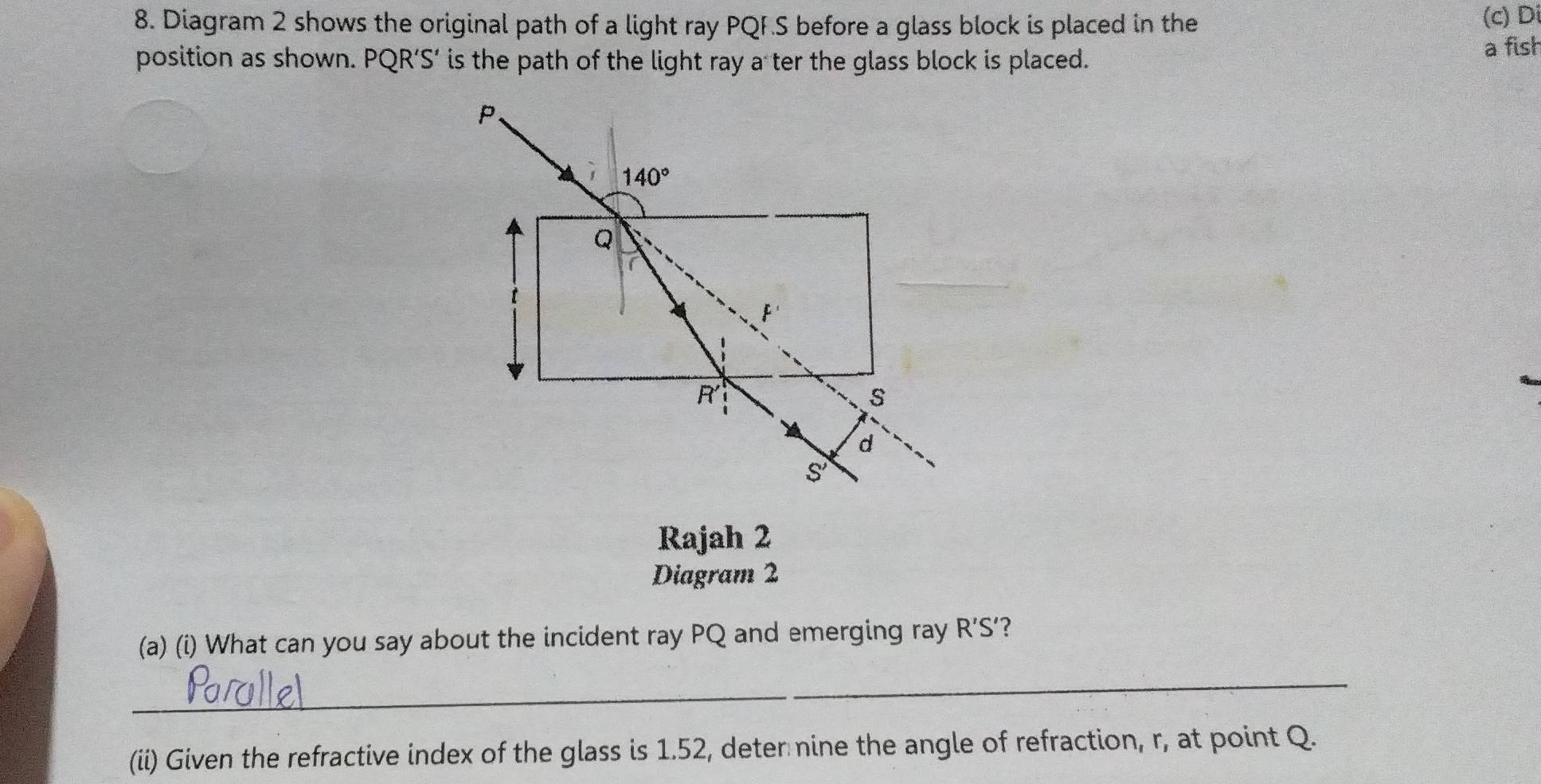 Diagram 2 shows the original path of a light ray PQF. S before a glass block is placed in the 
(c) Di 
position as shown. PQR ’S’ is the path of the light ray a ter the glass block is placed. 
a fish
P 、 
1 140°
Q
F
R
S
d
S'
Rajah 2 
Diagram 2 
(a) (i) What can you say about the incident ray PQ and emerging ray R’S’? 
_ 
(ii) Given the refractive index of the glass is 1.52, deter nine the angle of refraction, r, at point Q.