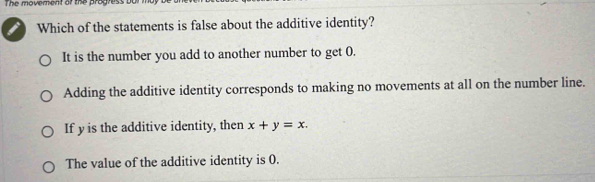 The movement of the progress bui
Which of the statements is false about the additive identity?
It is the number you add to another number to get 0.
Adding the additive identity corresponds to making no movements at all on the number line.
If y is the additive identity, then x+y=x.
The value of the additive identity is 0.