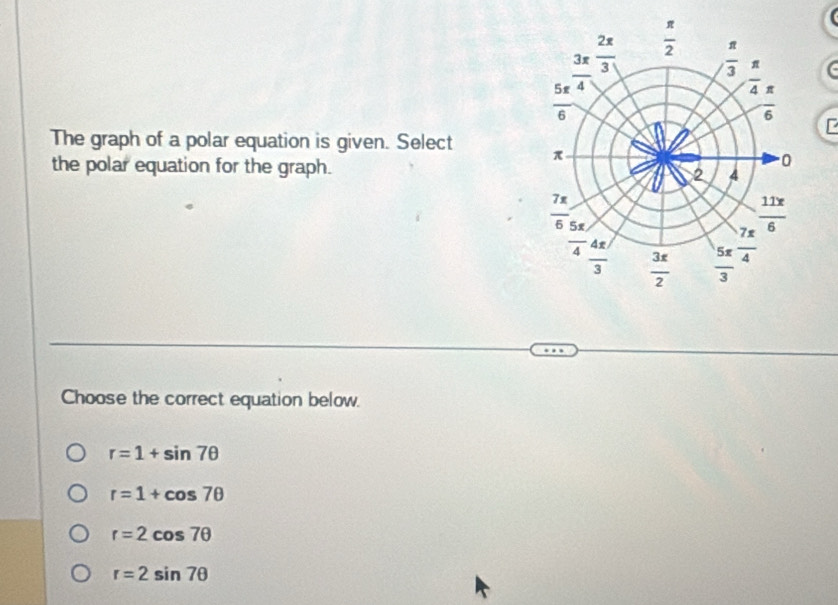 The graph of a polar equation is given. Select 
the polar equation for the graph. 
Choose the correct equation below.
r=1+sin 7θ
r=1+cos 7θ
r=2cos 7θ
r=2sin 7θ