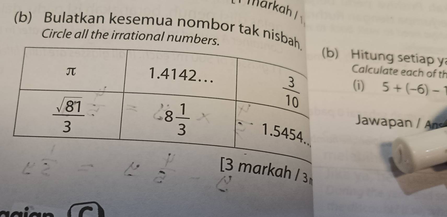 markah 
(b) Bulatkan kesemua nombor tak nisbah
Circle all the irrational numbers.
Hitung setiap y
Calculate each of th
(i) 5+(-6)-1
Jawapan / An
[3 markah /