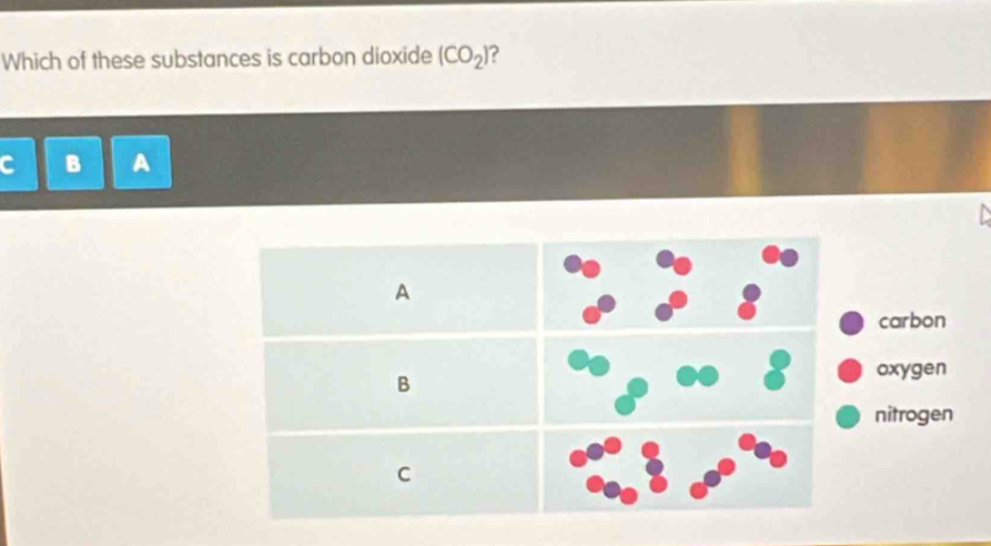 Which of these substances is carbon dioxide (CO_2) ? 
B A