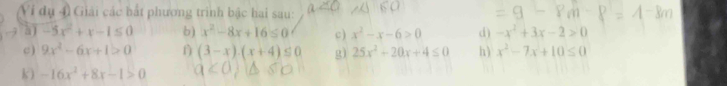 Ví dụ 4 Giải các bắt phương trình bậc hai sau: 
a) -5x^2+x-1≤ 0 b) x^2-8x+16≤ 0 c) x^2-x-6>0 d) -x^2+3x-2>0
c ) 9x^2-6x+1>0 f (3-x).(x+4)≤ 0 g) 25x^2-20x+4≤ 0 h) x^2-7x+10≤ 0
k) -16x^2+8x-1>0