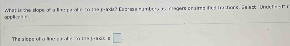 What is the slope of a line parallel to the y-axis? Express numbers as integers or simplified fractions. Select "Undefined" if 
applicable. 
The slope of a line parallel to the y-axis is □.