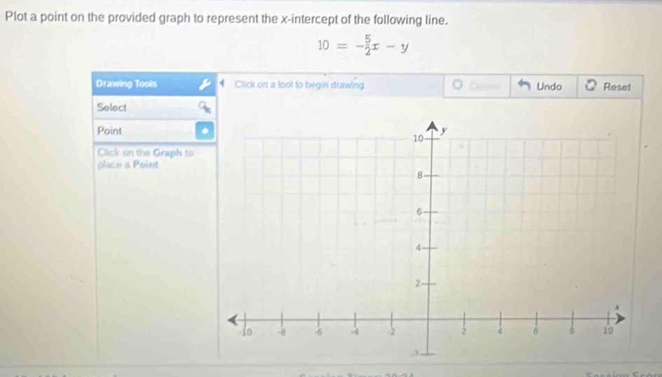 Plot a point on the provided graph to represent the x-intercept of the following line.
10=- 5/2 x-y
Drawing Toois Click on a tool to begin drawing. Undo Reset 
Select 
Point 
Click on the Graph to 
place a Point