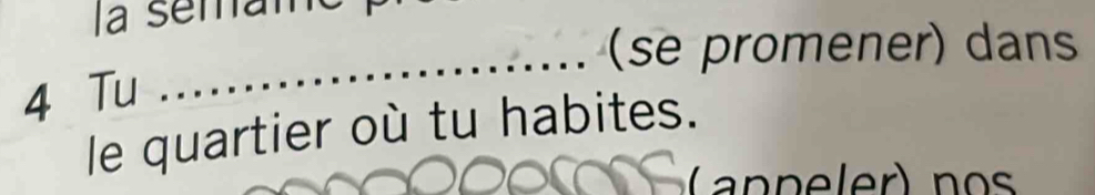 la sema 
se promener) dan
4 Tu 
_ 
le quartier où tu habites. 
appeler) nos