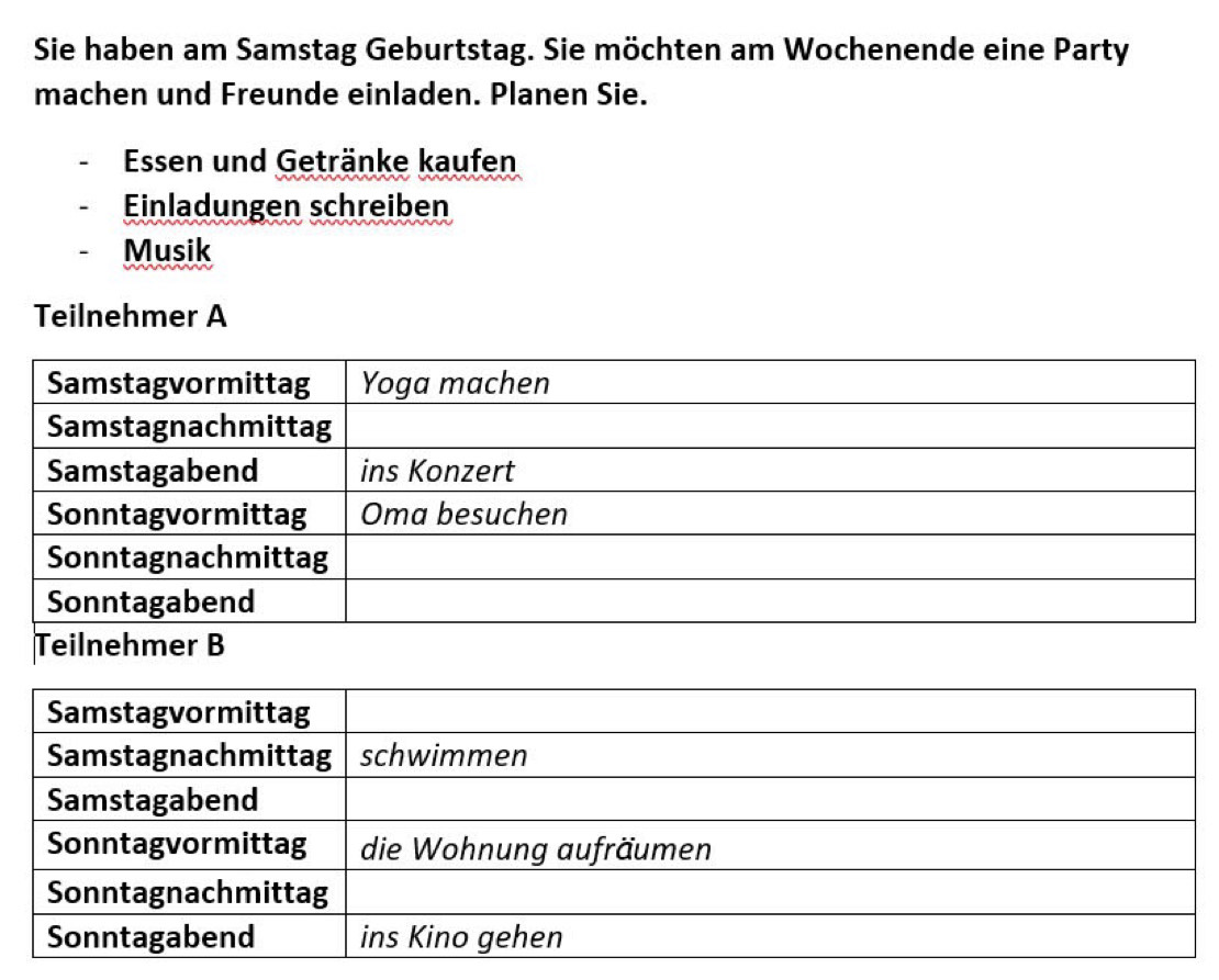 Sie haben am Samstag Geburtstag. Sie möchten am Wochenende eine Party 
machen und Freunde einladen. Planen Sie. 
Essen und Getränke kaufen 
Einladungen schreiben 
Musik 
Teilnehmer A