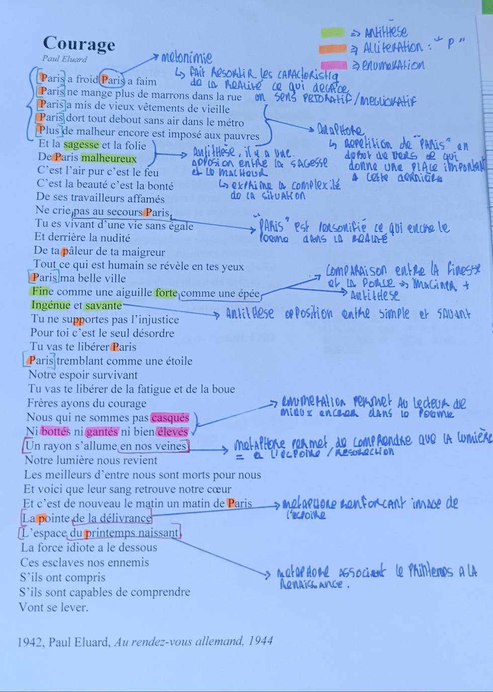 Courage 
Paul Eluard 
Paris a froid Paris a faim 
Paris ne mange plus de marrons dans la rue 
Paris a mis de vieux vêtements de vieille 
Paris dort tout debout sans air dans le métro 
Plus de malheur encore est imposé aux pauvres 
Et la sagesse et la folie 
De Paris malheureux 
C’est l’air pur c’est le feu 
C'est la beauté c'est la bonté 
De ses travailleurs affamés 
Ne crie pas au secours Paris 
Tu es vivant d'une vie sans égale 
Et derrière la nudité 
De ta pâleur de ta maigreur 
Tout ce qui est humain se révèle en tes yeux 
Paris ma belle ville 
Fine comme une aiguille forte comme une épée 
Ingénue et savante 
Tu ne supportes pas l’injustice Ania 
Pour toi c'est le seul désordre 
Tu vas te libérer Paris 
Paris tremblant comme une étoile 
Notre espoir survivant 
Tu vas te libérer de la fatigue et de la boue 
Frères ayons du courage 
Nous qui ne sommes pas casqués 
Ni bottés ni gantés ni bien élevés 
Un rayon s'allume en nos veines 
Notre lumière nous revient 
Les meilleurs d’entre nous sont morts pour nous 
Et voici que leur sang retrouve notre cœur 
Et c’est de nouveau le matin un matin de Paris 
La pointe de la délivrance 
L’espace du printemps naissant 
La force idiote a le dessous 
Ces esclaves nos ennemis 
S’ils ont compris 
S’ils sont capables de comprendre 
Vont se lever. 
1942, Paul Eluard, Au rendez-vous allemand, 1944