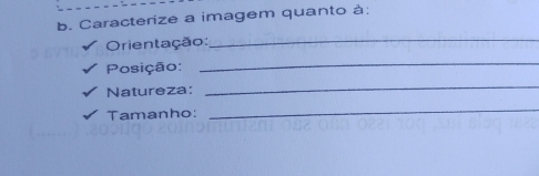 Caracterize a imagem quanto à: 
Orientação: 
_ 
Posição: 
_ 
Natureza: 
_ 
Tamanho: 
_