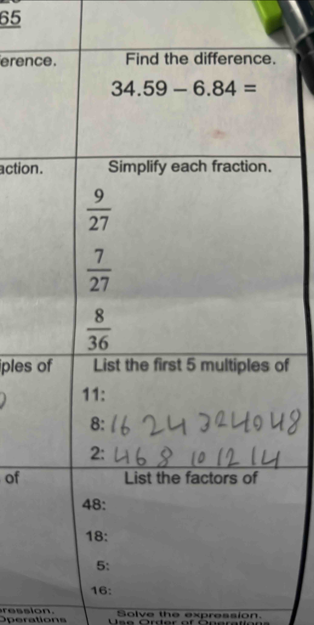 eren
actio
iplesf
of
ression. Solve the expression.
Operations Us e Ord er  o f    On e ra t ia