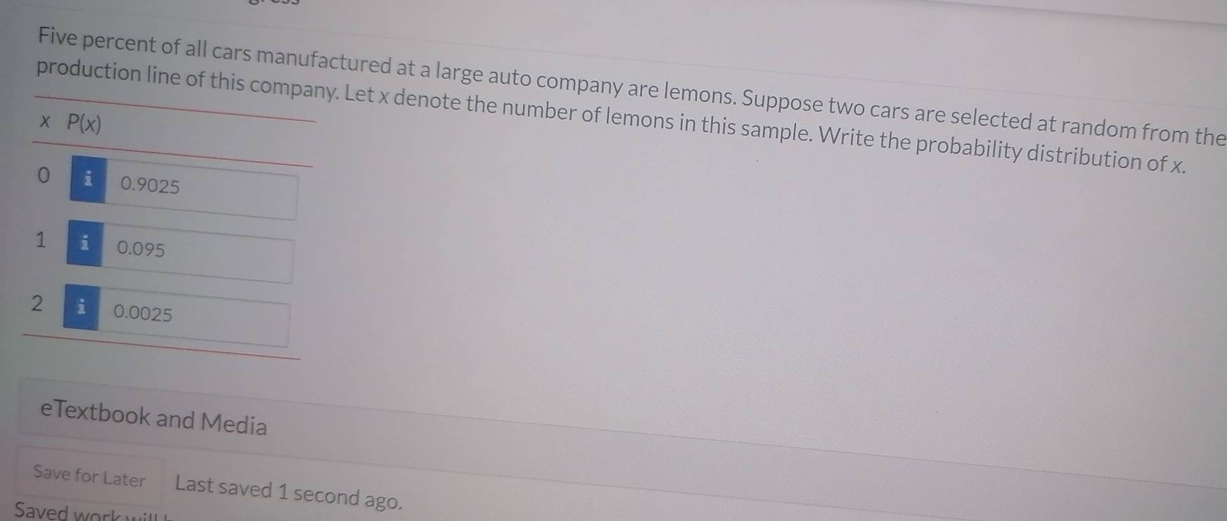 Five percent of all cars manufactured at a large auto company are lemons. Suppose two cars are selected at random from the
production line of this company. Let x denote the number of lemons in this sample. Write the probability distribution of x.
x P(x)
0 i 0.9025
1 i 0.095
2 i 0.0025
eTextbook and Media
Save for Later Last saved 1 second ago.
Saved work w